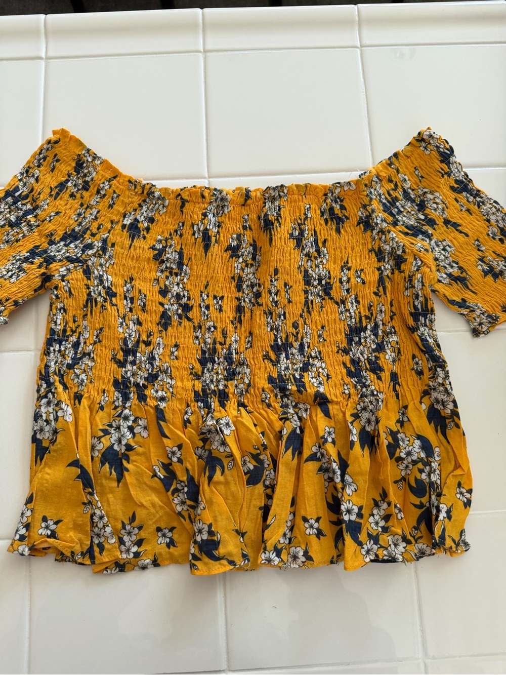 Sky and Sparrow Mustard Yellow Floral Off-Shoulder Smocked Top